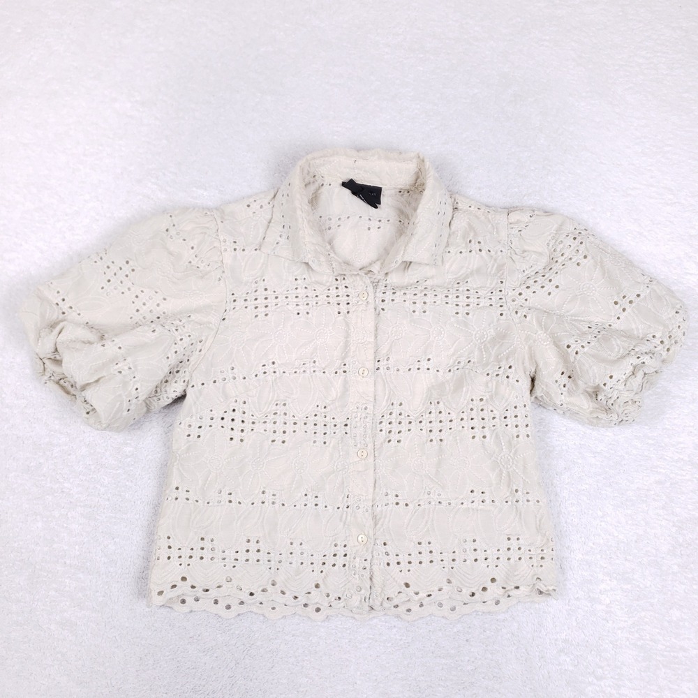 LIV LOS ANGELES Eyelet Lace Blouse Womens M Puff Sleeve Crop Button Top Cream